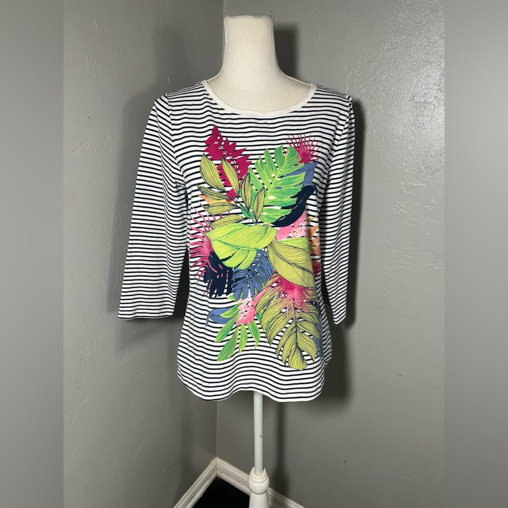 Tommy Bahama Navy and White Striped Leaf Print Top size M